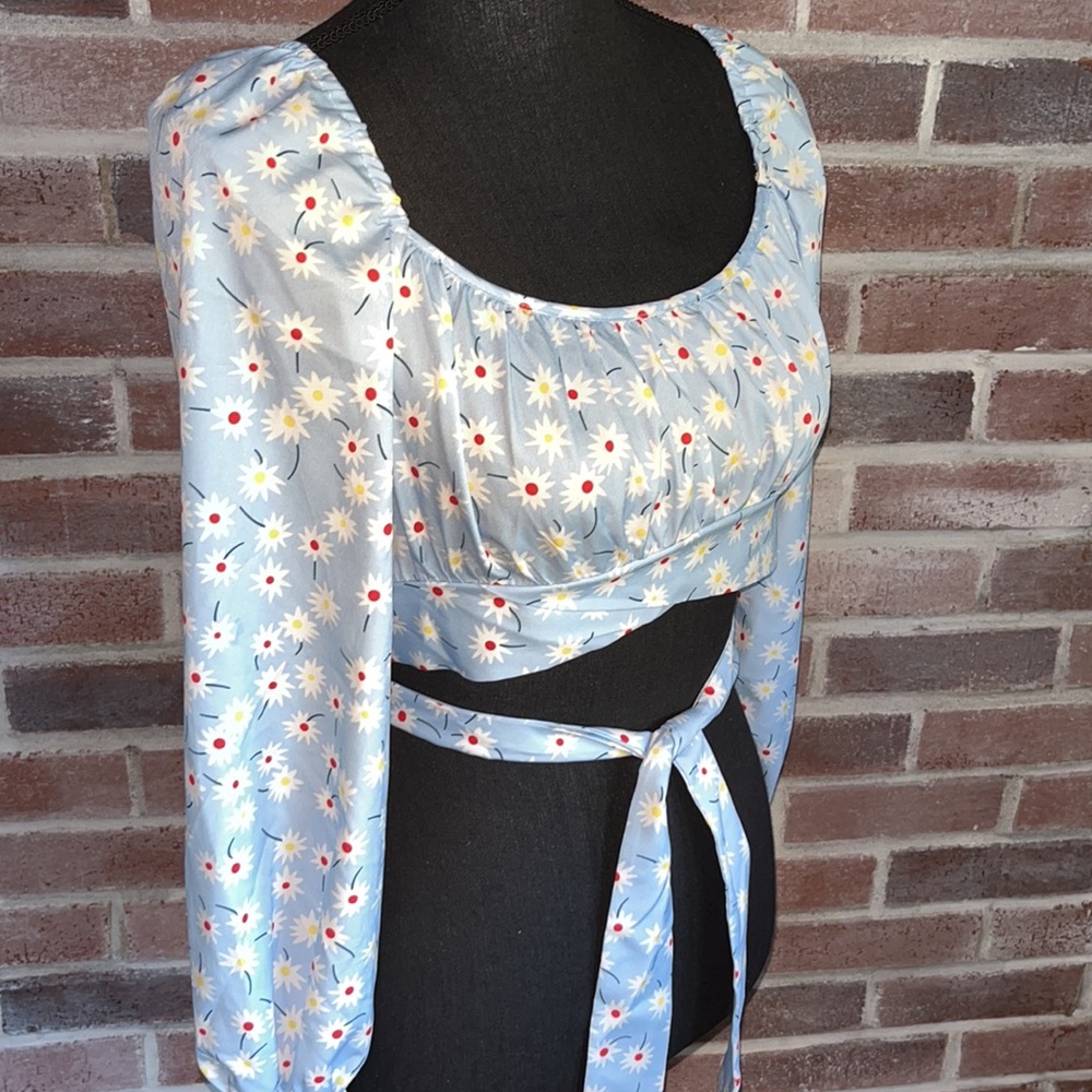 Long Sleeve Floral Crop Top Blouse with Tie Blue Red Yellow - Picture 3 of 10